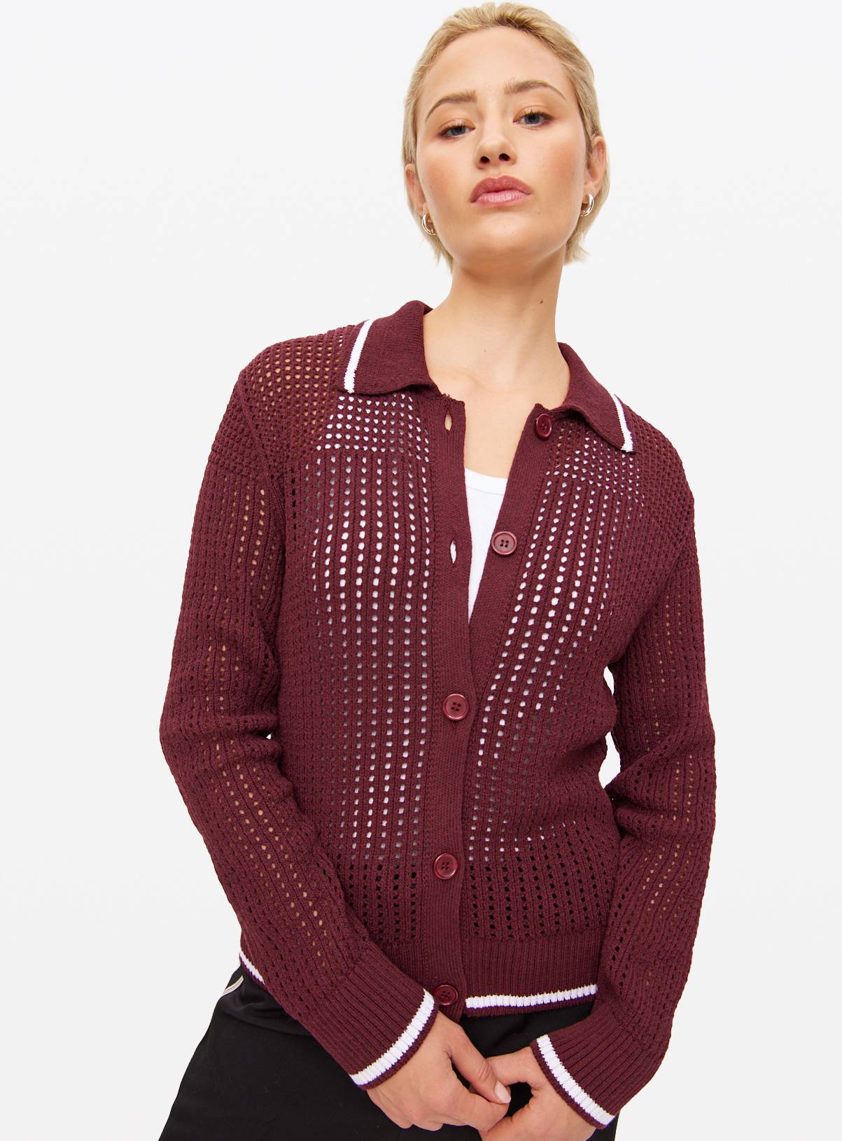 Burgundy Airtex Collared Cardigan 12 - Image 1